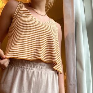 Yellow & white striped ribbed tank with v neckline